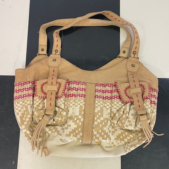 Lucky Penny Anthropologie Boho Leather Canvas Fringe Shoulder bag Hobo Cowgirl - Picture 2 of 7